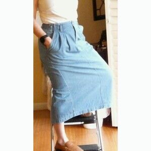Vintage straight heavy denim skirt good pockets elastic waist back slit sz10